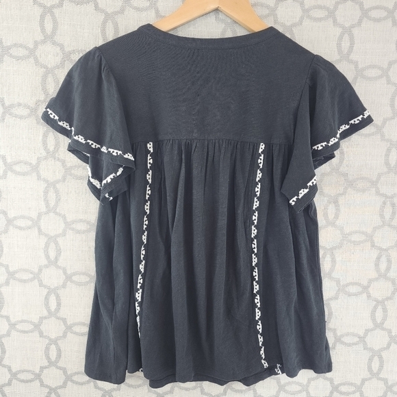 Anthropologie Embroidered Keyhole Ruffle Sleeve Black Blouse S - Picture 2 of 9